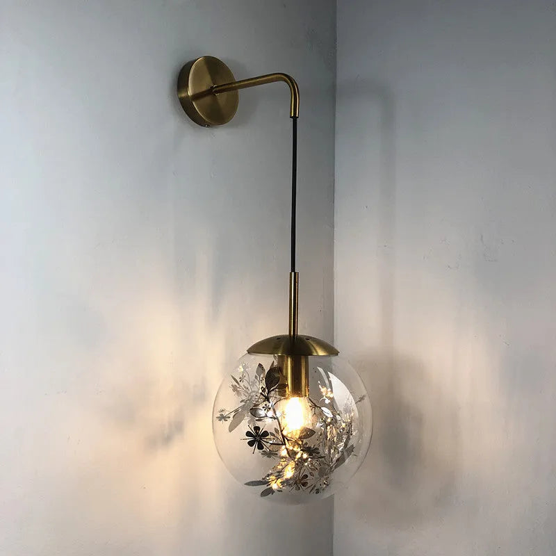 Modern glass bedside wall lamp in golden flower finish with 20cm diameter