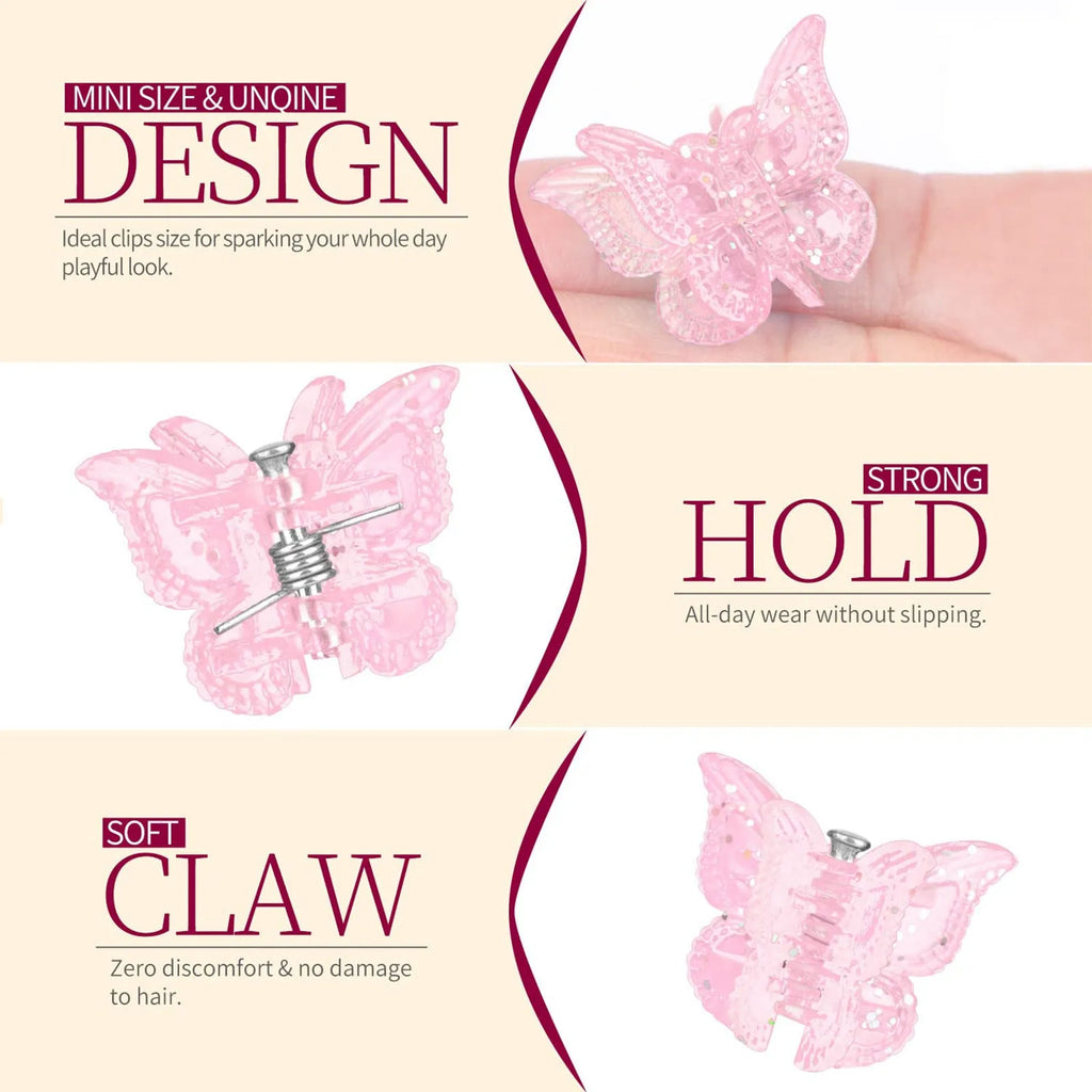 Set of 50 glitter mini butterfly hair claw clips in assorted colours, plastic and metal construction, 0.6 inches each