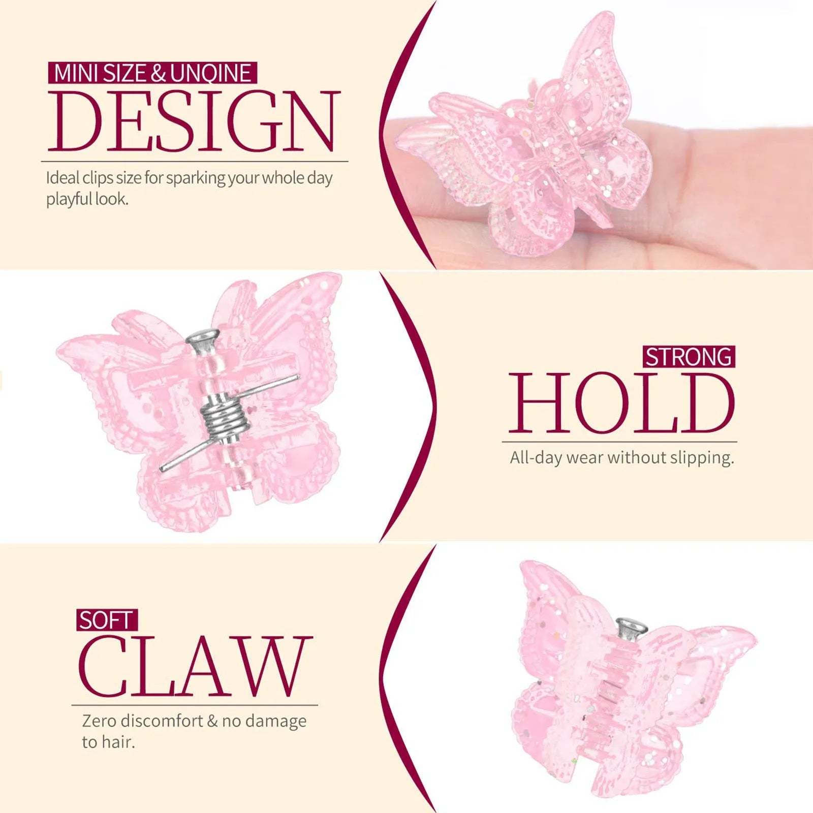 Set of 50 glitter mini butterfly hair claw clips in assorted colours, plastic and metal construction, 0.6 inches each