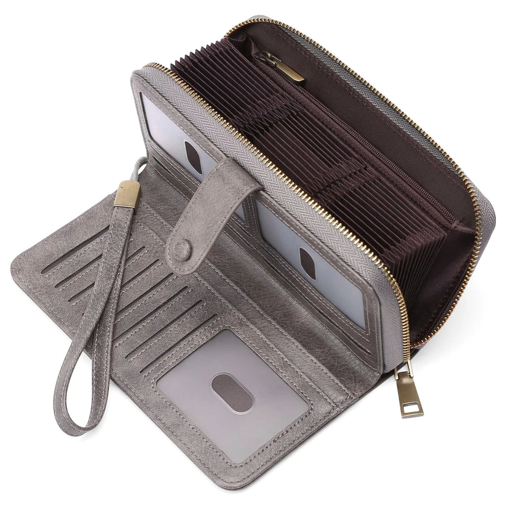 Women's expanding long wallet in PU leather with RFID anti-theft protection, shown in a light brown colour.