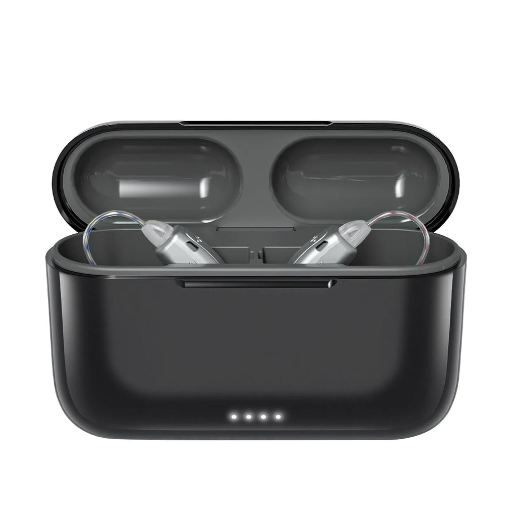 Wireless behind-the-ear Bluetooth digital hearing aid in black plastic with charging case and accessories