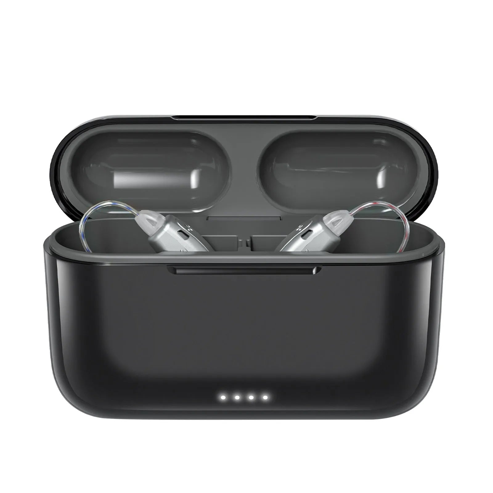 Wireless behind-the-ear Bluetooth digital hearing aid in black plastic with charging case and accessories