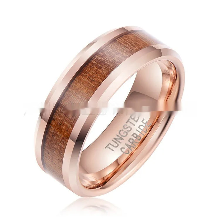 Ugyen tungsten men's ring with wood and leather design in 8mm rose gold or steel finish