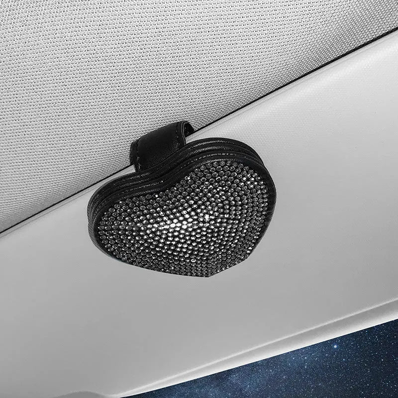Car sun visor magnetic storage clip with diamond-encrusted PU leather design for organising glasses and tickets