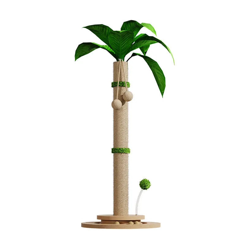 Vertical cat climbing frame with hemp rope scratching posts on a density plate base