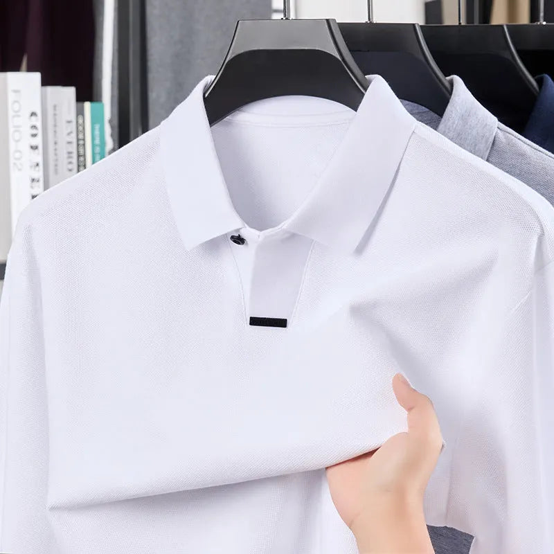 Men's grey cotton polo shirt with asymmetric lapels and long sleeves in loose fit