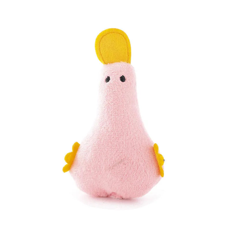 Colourful duck-shaped plush pet toy with catnip filling and internal squeaker for dogs and cats