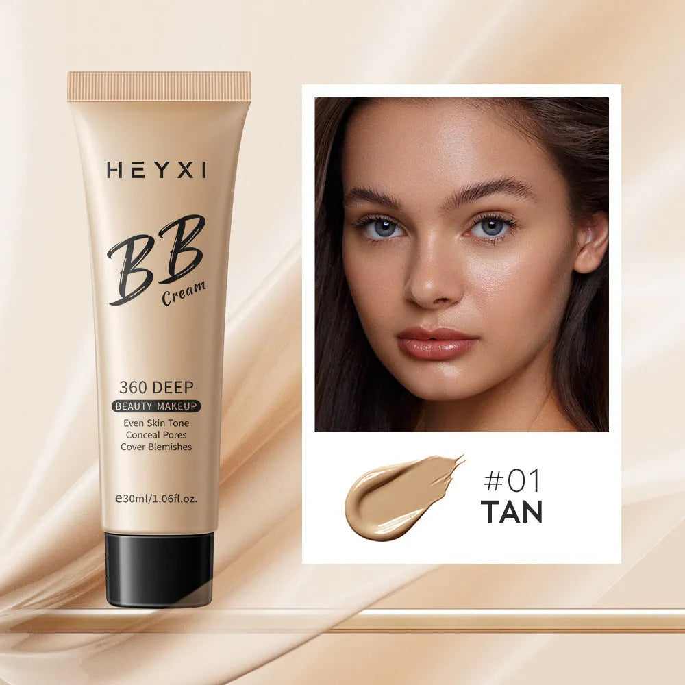 Waterproof sweat-proof BB cream foundation in four shade options with skin care properties