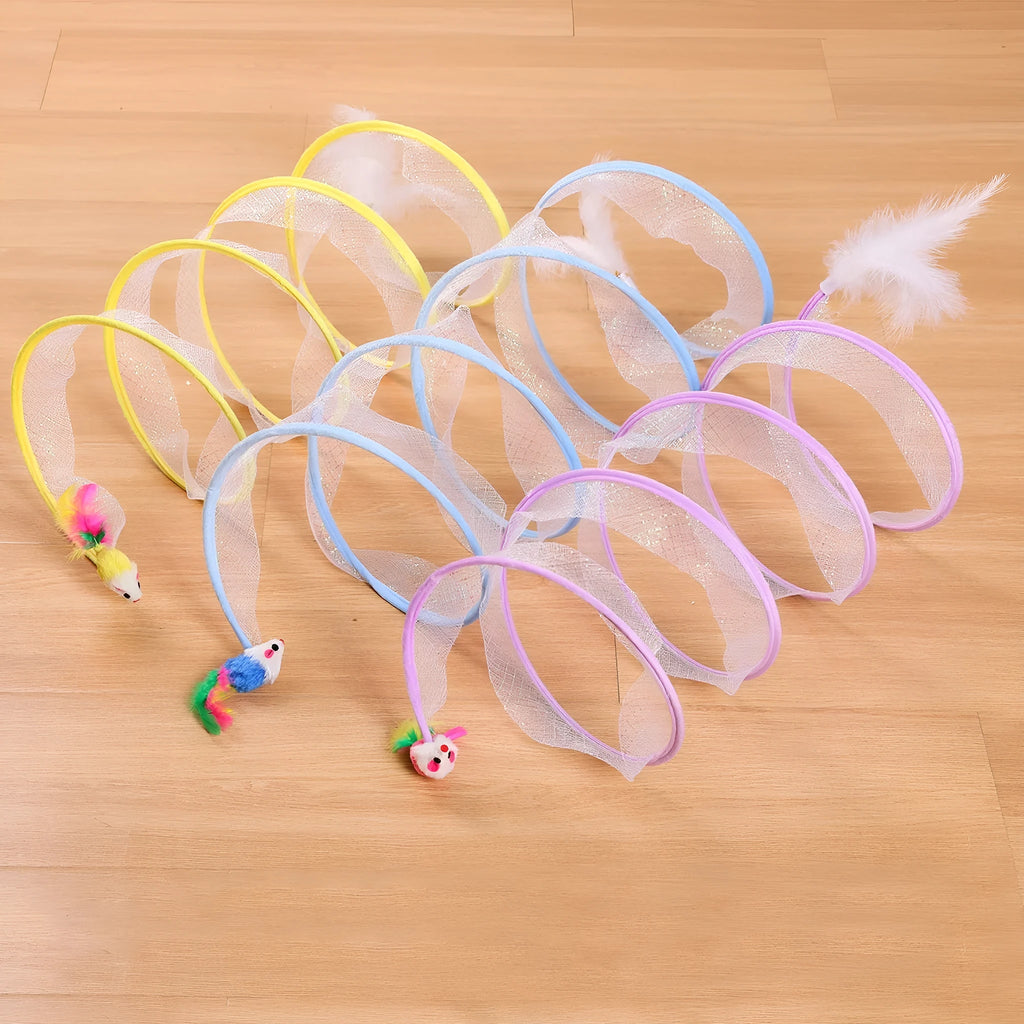 Steel frame cat tunnel toy with colourful feather attachments inside elastic net channel