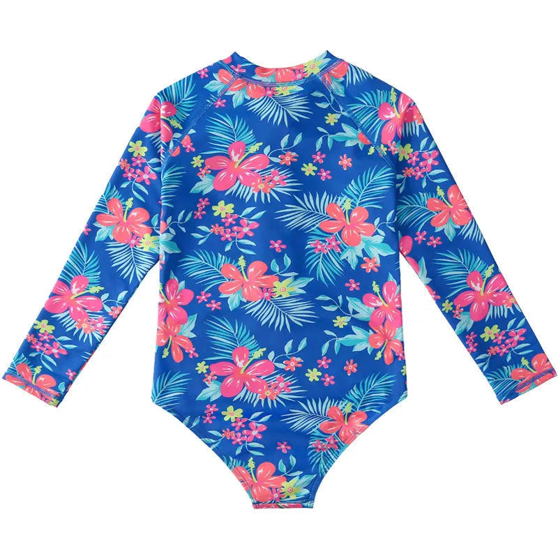 Girl's long-sleeve one-piece swimming suit in polyester fabric, briefs style, multiple colour options, sizes 100-150cm