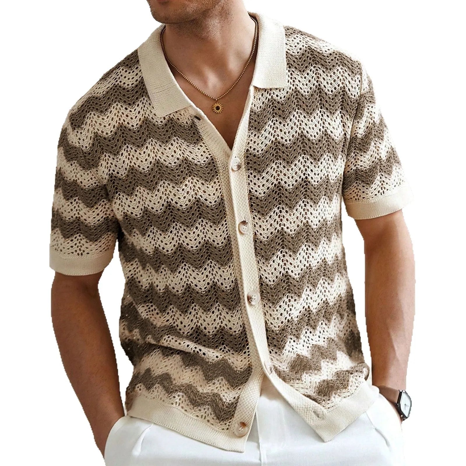 Blue short-sleeve sweater with textured hollow jacquard corrugated pattern and flocking details on a mannequin.