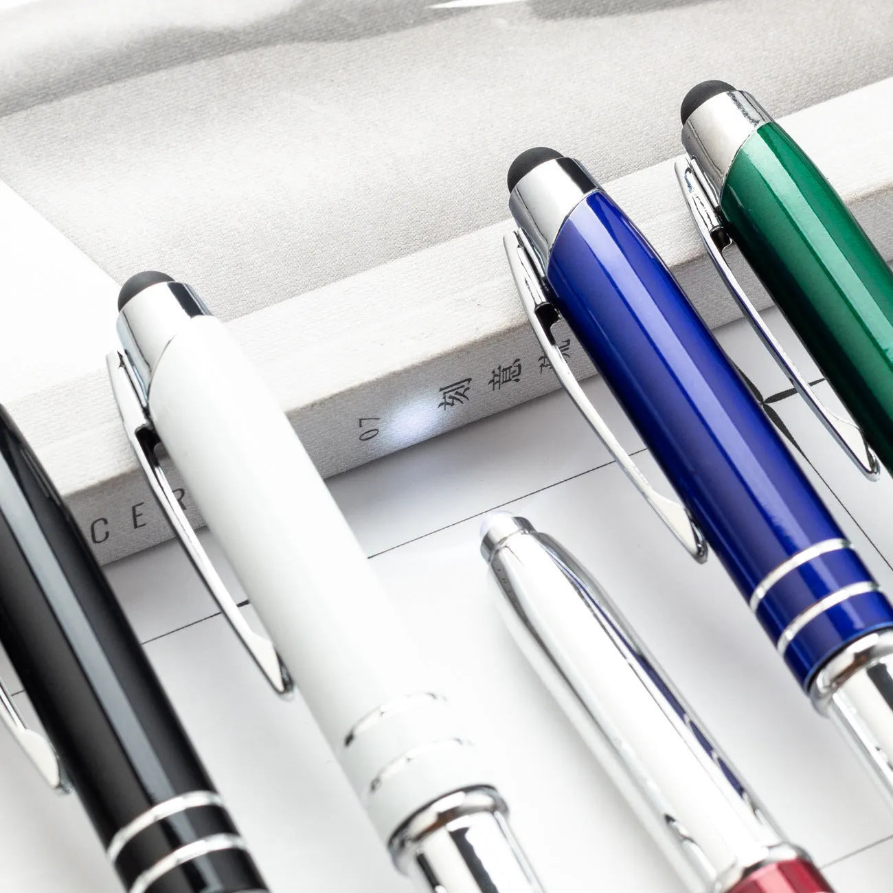 Metal capacitive stylus ballpoint pen with LED light in red, black, white, green or blue colours