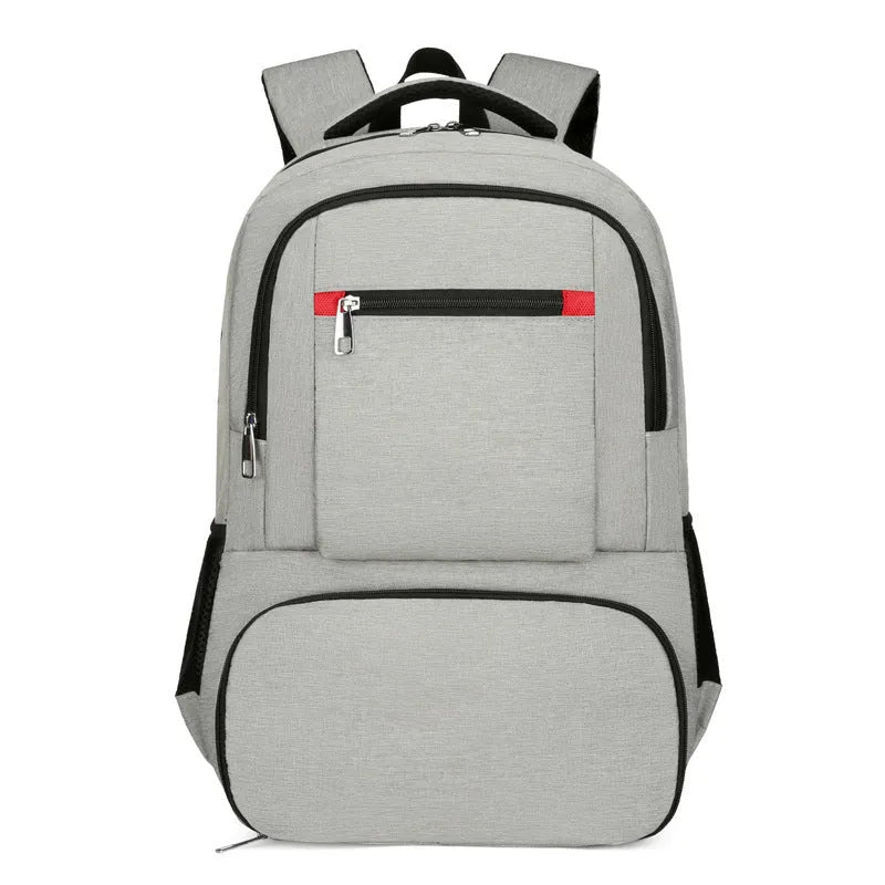 Light grey Oxford cloth insulated backpack with curved shoulder straps and front organisation compartments.