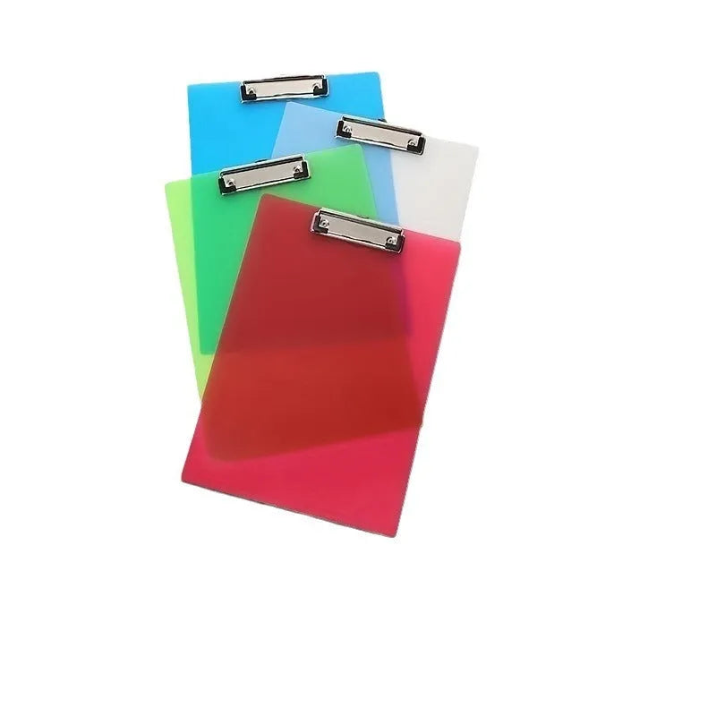 Transparent plastic A4 plate holder with metal clip and integrated writing board surface, shown in blue.