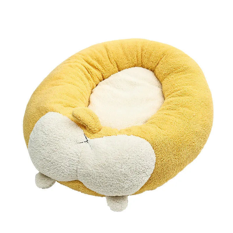 Corgi shaped soft plush pet bed for dogs and cats with PP cotton filling on a floor