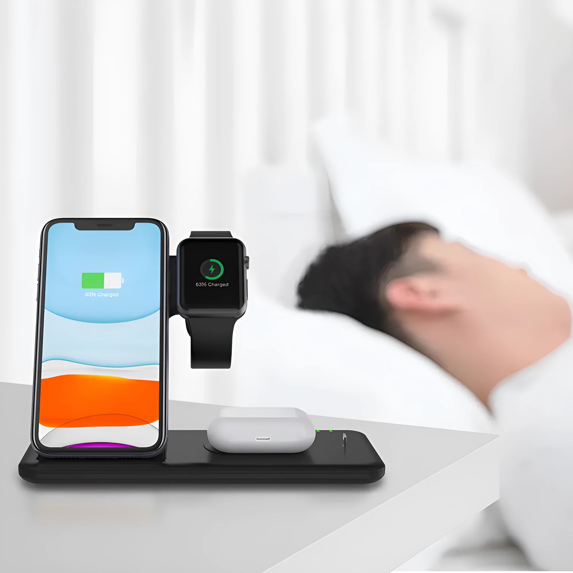 Three-in-one wireless charger stand 15W for phone watch headset in black on desktop