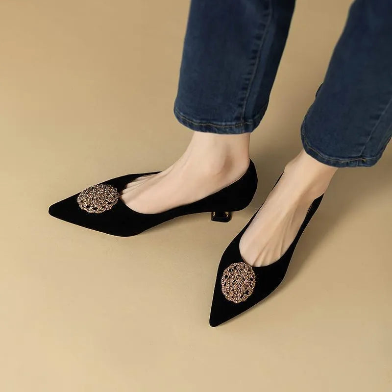 French style women's stiletto pointed-toe shoes in black suede with rubber outsole and shallow mouth design
