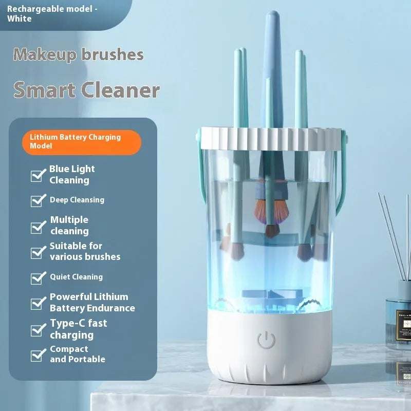 White plastic rechargeable electric makeup brush cleaner with USB charging cable