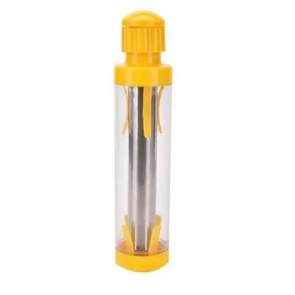 Yellow manual corn stripper with cylindrical ABS plastic body and stainless steel cutting surface on white background