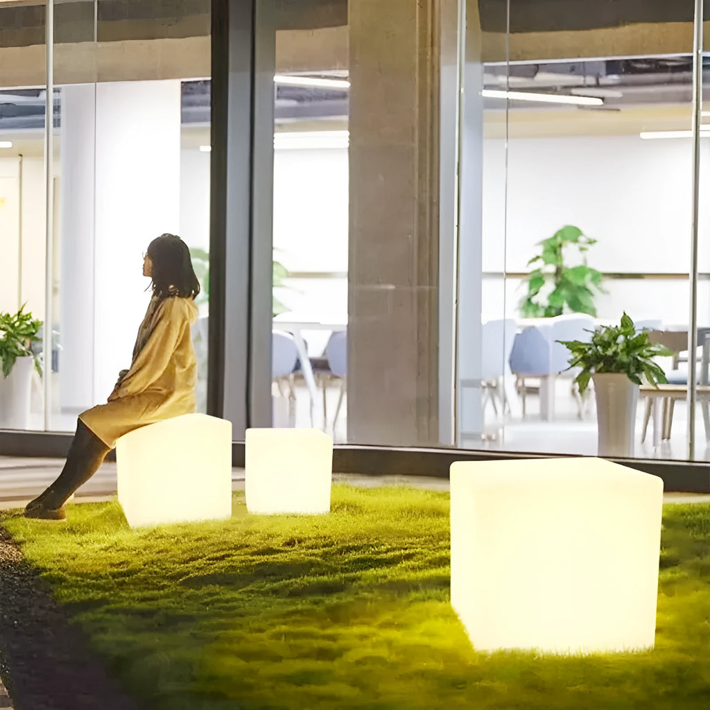 Square LED cube stool light with modern design for outdoor garden seating and illumination