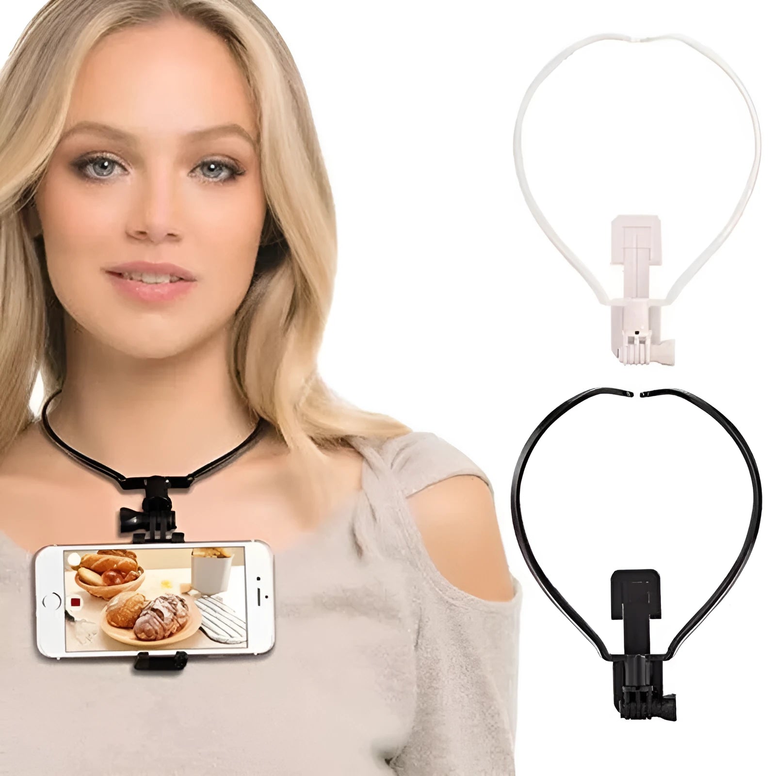 Wearable neck phone holder in black, ABS construction, 180 degree adjustable angle for hands-free use