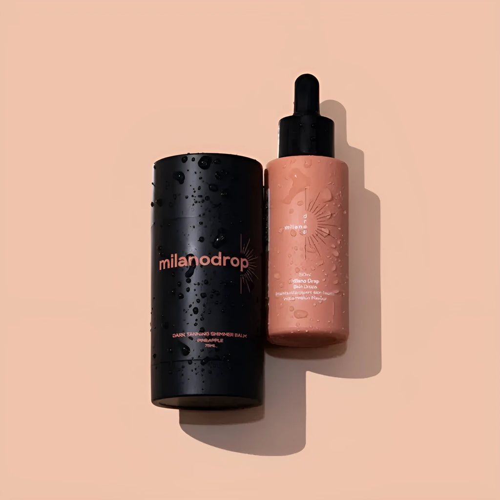 Matte sun tanning liquid set showing 50ml drops bottle and 75ml cream tube with black essence formula