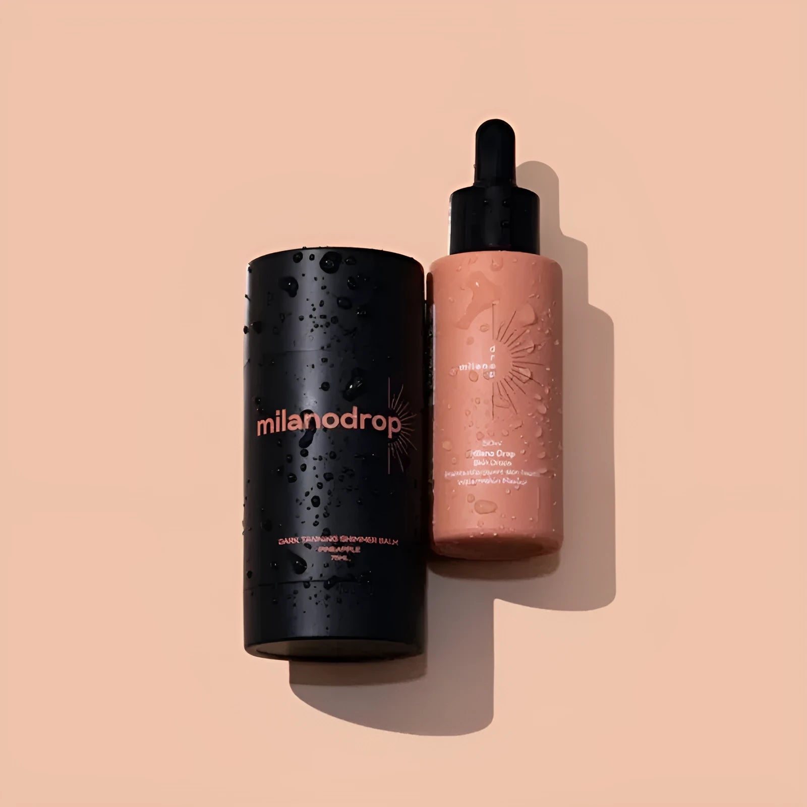 Matte sun tanning liquid set showing 50ml drops bottle and 75ml cream tube with black essence formula