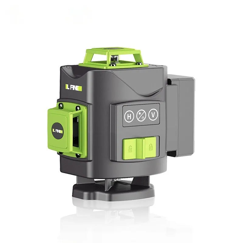 Green laser level with 16 projection lines showing 360° alignment for construction and DIY projects