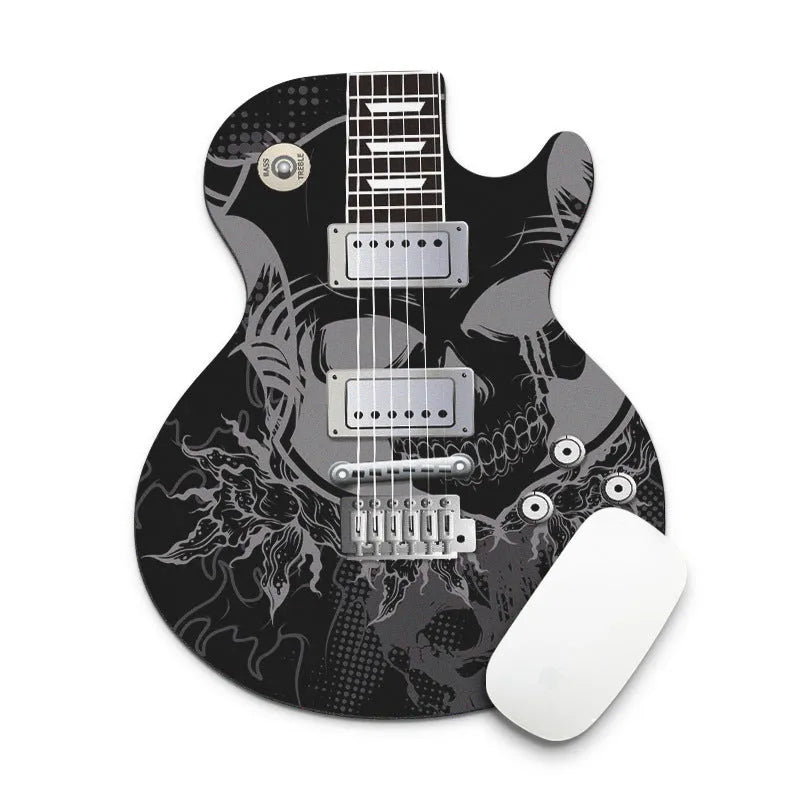 Guitar shaped computer mouse pad with natural rubber base and fine cloth surface, 22cm by 18cm