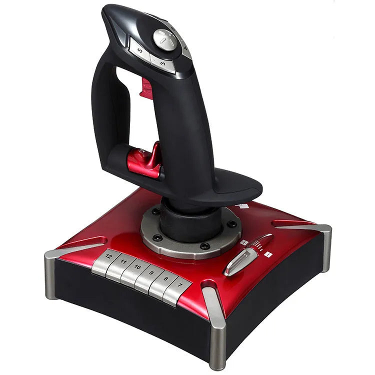 Red USB flight controller joystick for computer simulation games with vibration feedback