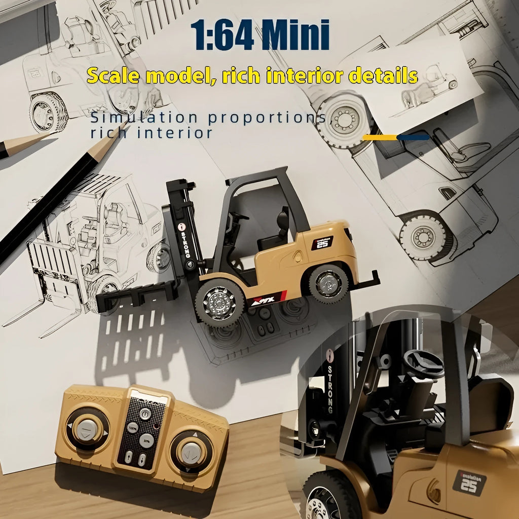 1:64 scale mini alloy forklift remote control model with cargo attachments and dual-mode Bluetooth operation