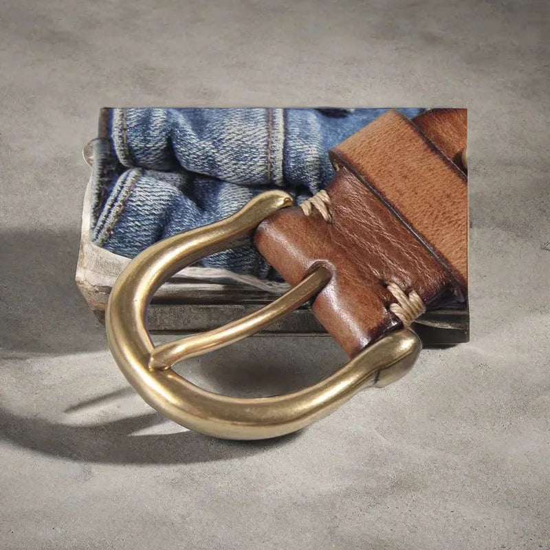 Men's cattlehide leather belt with copper pin buckle in black, brown, or khaki colour