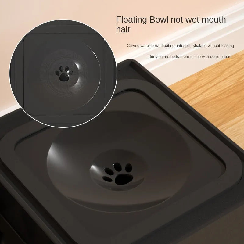 Adjustable dog feeding stand with two stainless steel bowls, set to medium height, black and grey colour