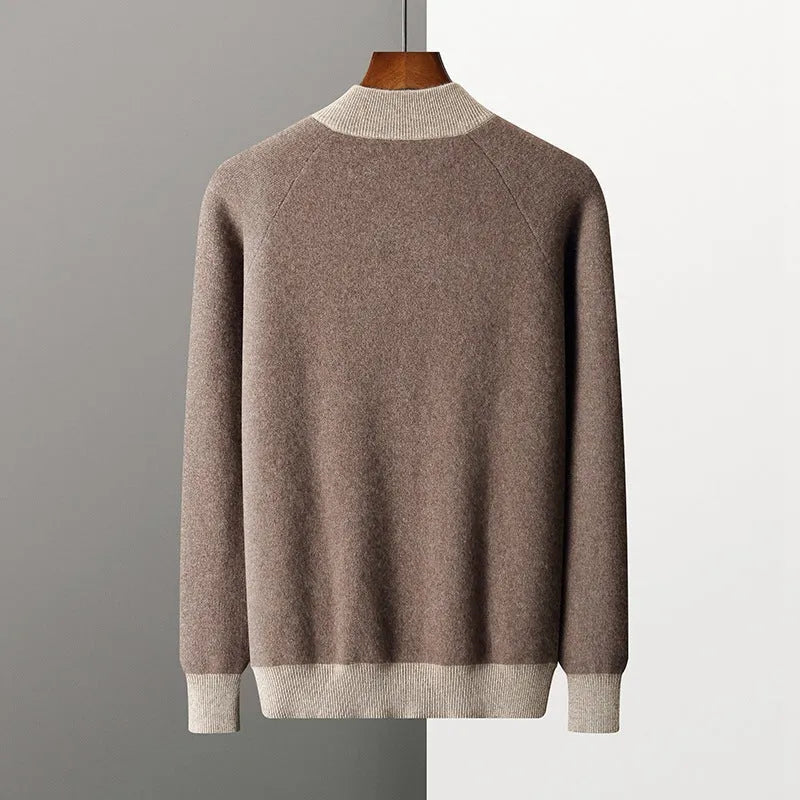 Men's cashmere wool blend cardigan suit with half turtleneck and matching trousers in winter colours