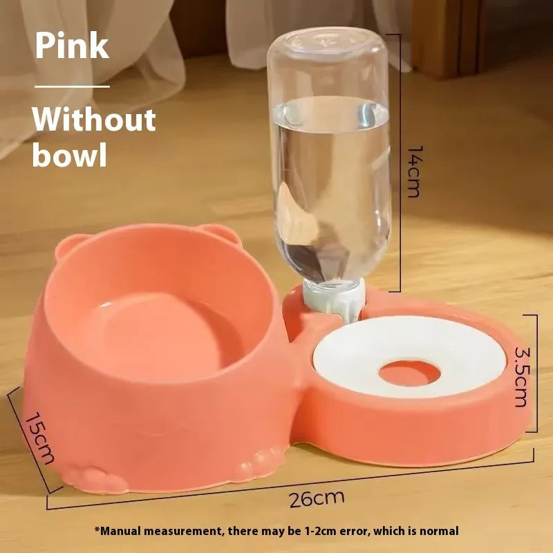 Automatic double bowl pet feeder with gravity dispenser in pink colour on elevated stand