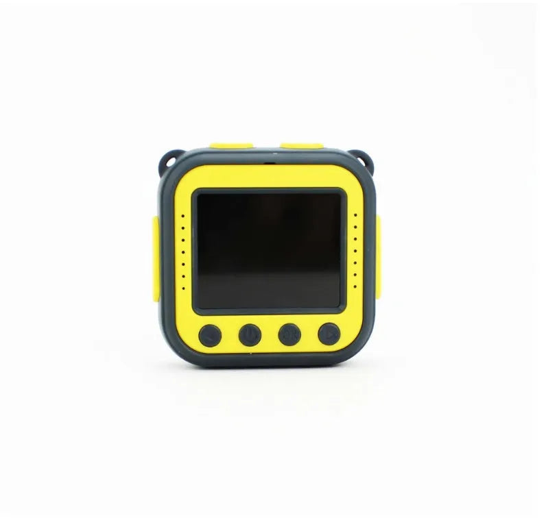 Yellow children's waterproof sports camera with LCD screen and compact design