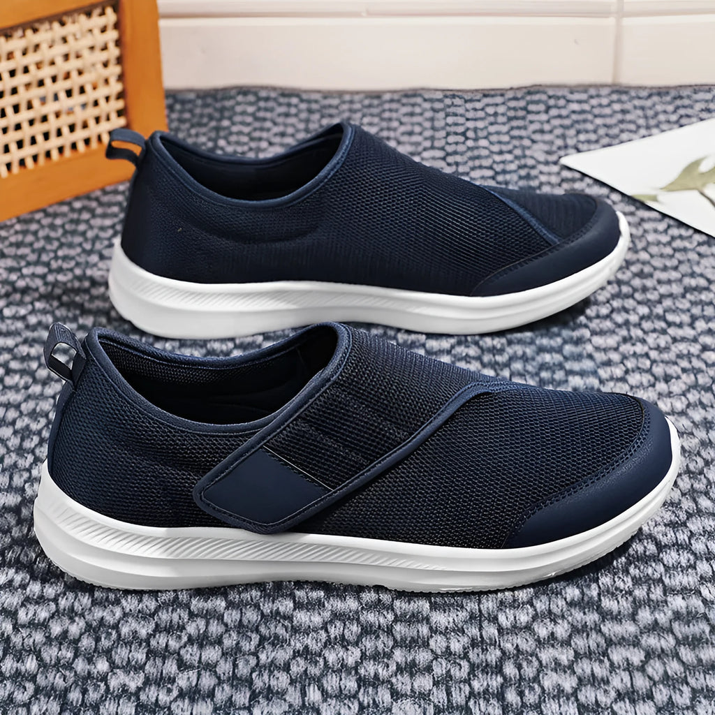 Unisex mesh walking shoes with Velcro fastening, round toe, flat heel, for outdoor mountaineering and daily leisure, black colour