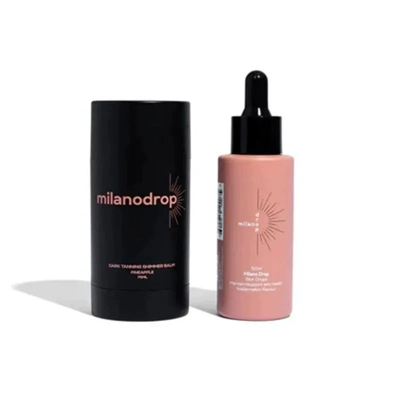 Matte sun tanning liquid set showing 50ml drops bottle and 75ml cream tube with black essence formula