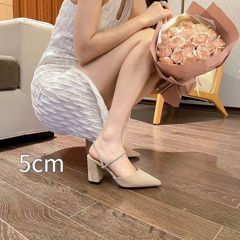 Thick heel pointed toe suede high heels for women, apricot colour, 5cm heel height, side view