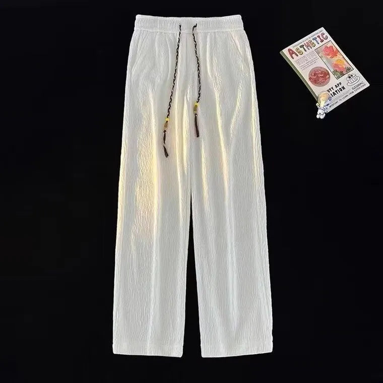 Men's loose straight drooping texture polyester trousers in black for summer daily wear
