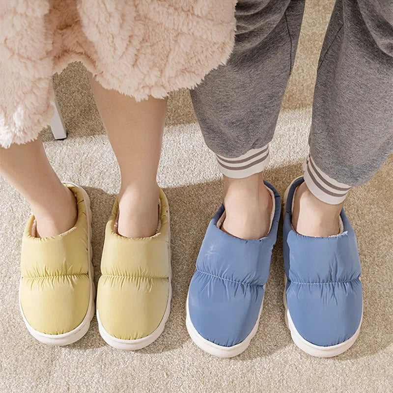 Artificial leather winter house slippers with thick rubber anti-slip soles and plush lining in blue colour