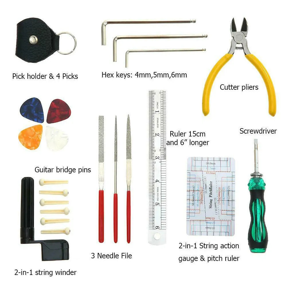 Black guitar repair tool kit for guitars, basses, mandolins and banjos in compact case