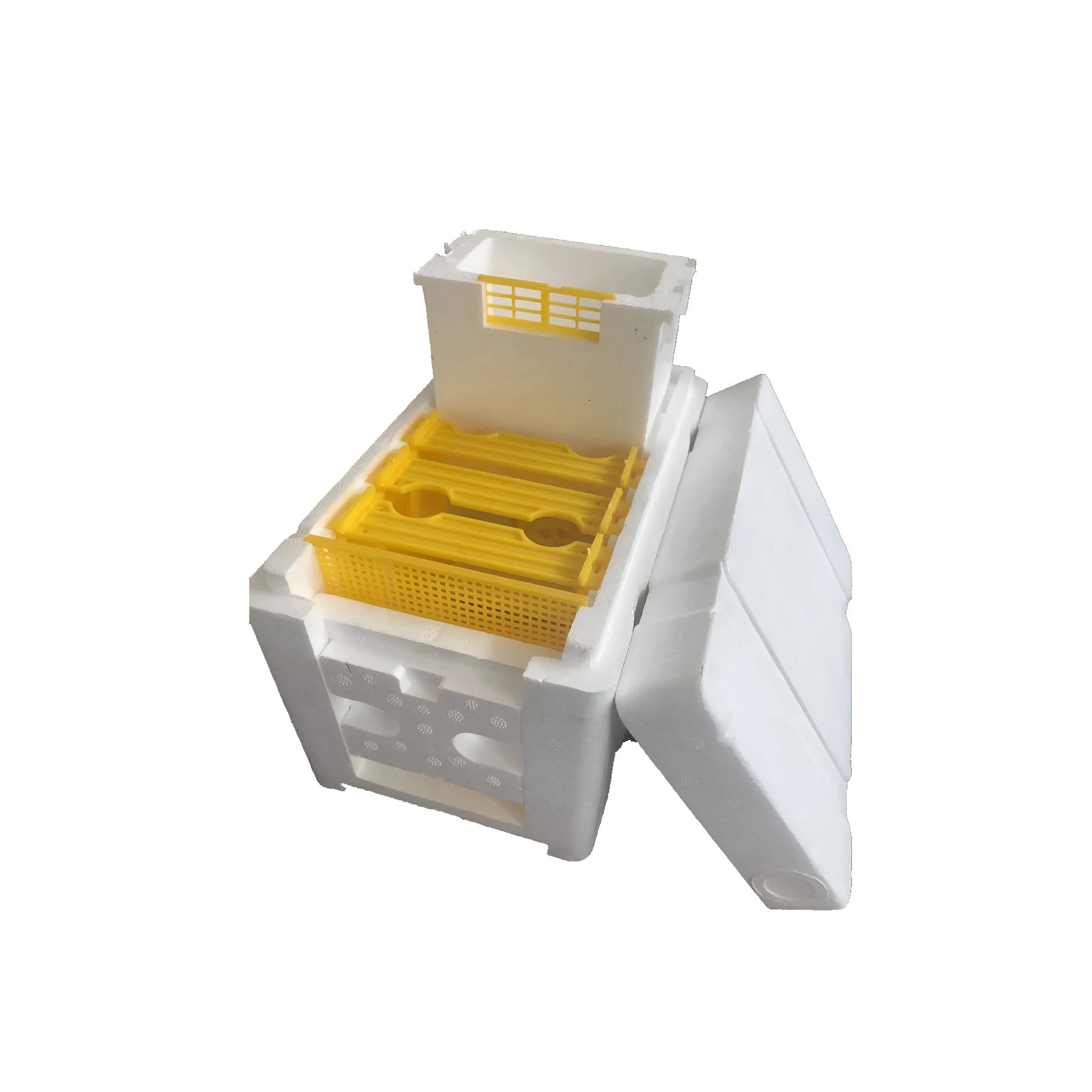 Three white foam bee delivery boxes for beehive queen mating and breeding operations