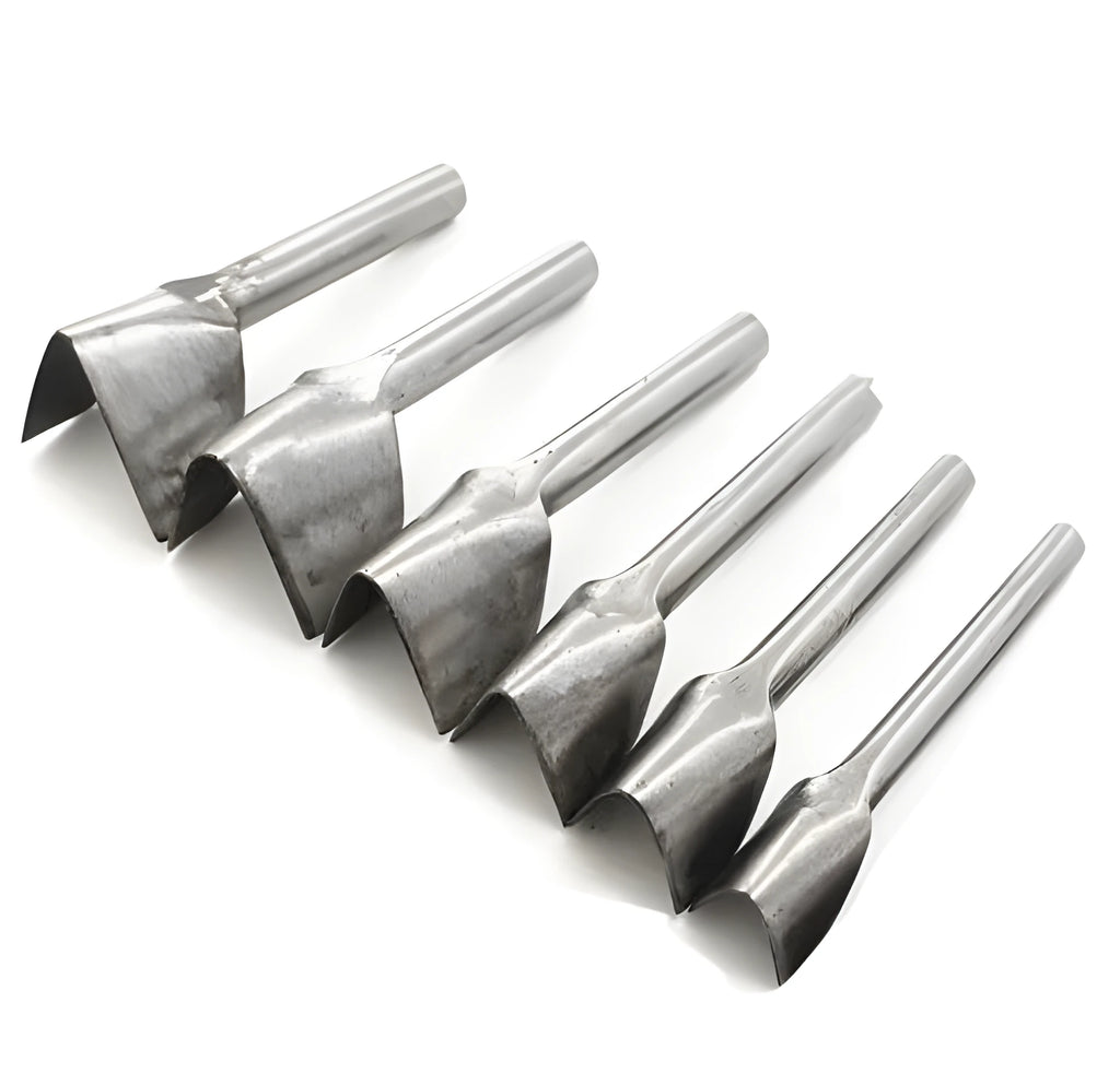 Six steel punch tools in half-round and V shapes ranging from 15mm to 40mm for leather craft and DIY