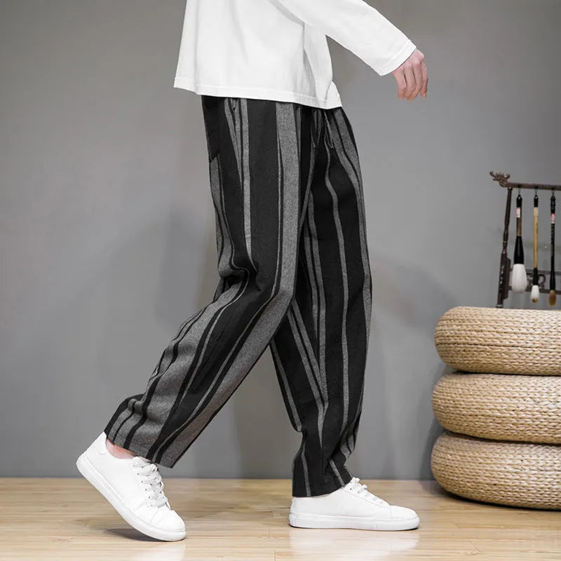 Bold stripes wide men's casual pants in navy blue, mid-waist polyester trousers for leisure