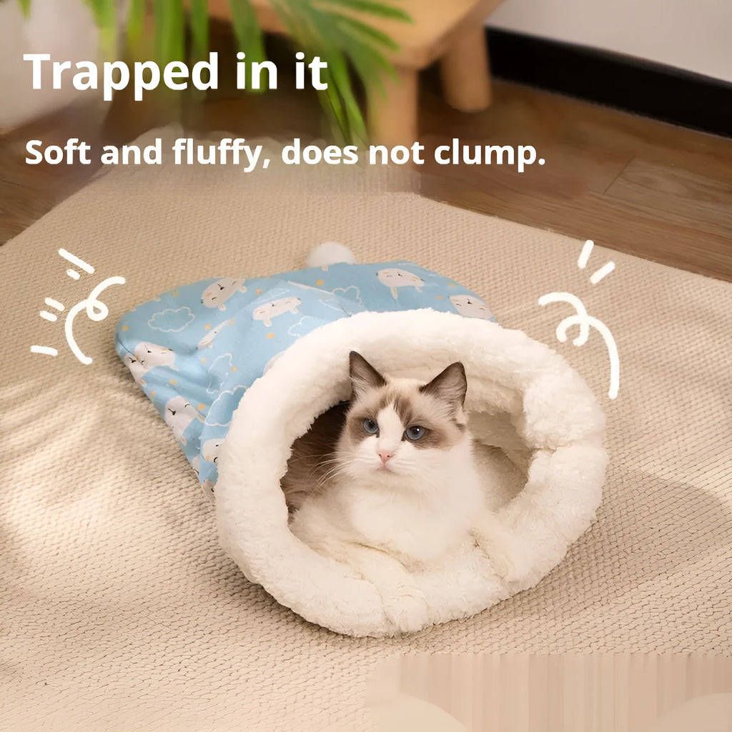 Blue rabbit design flannel cat sleeping bag nest measuring 50 by 40 centimetres.