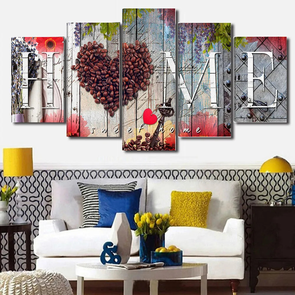 Frameless Home Sweet Home decoration board set in red on oil painting material, five panels arranged on a wall