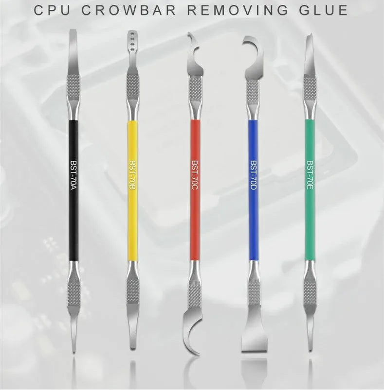 Five stainless steel pry tools with 0.07mm blades from Crowbar series for disassembling plastic components