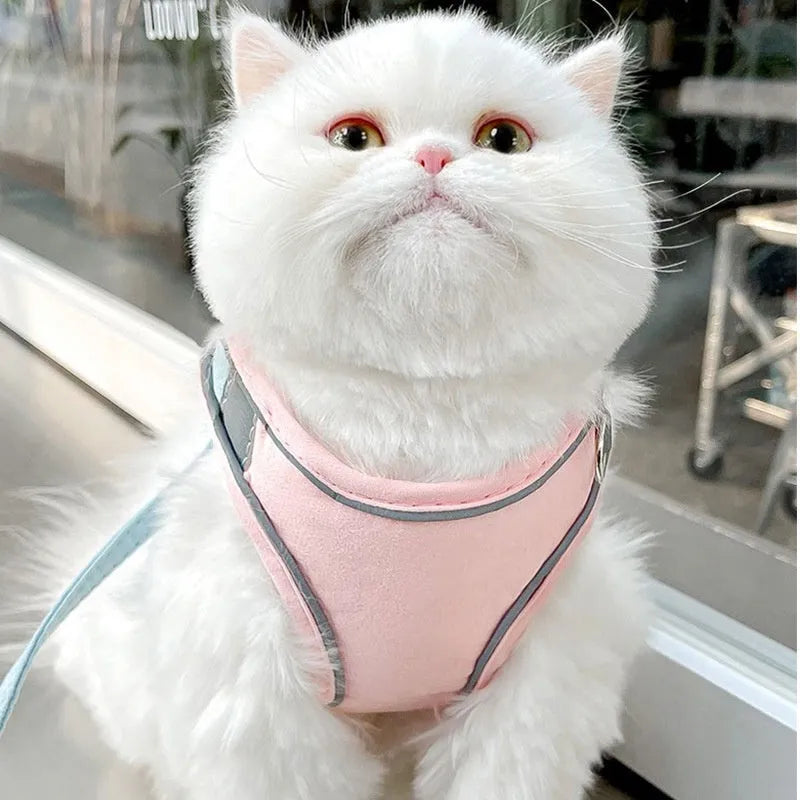 Suede cat pulling rope vest with reflective chest strap and hand rope in blue pink stitching