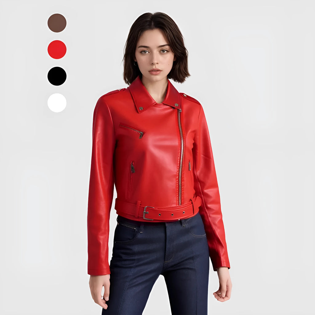 Women's black PU leather motorcycle jacket with lapel collar and adjustable waist belt on a hanger.